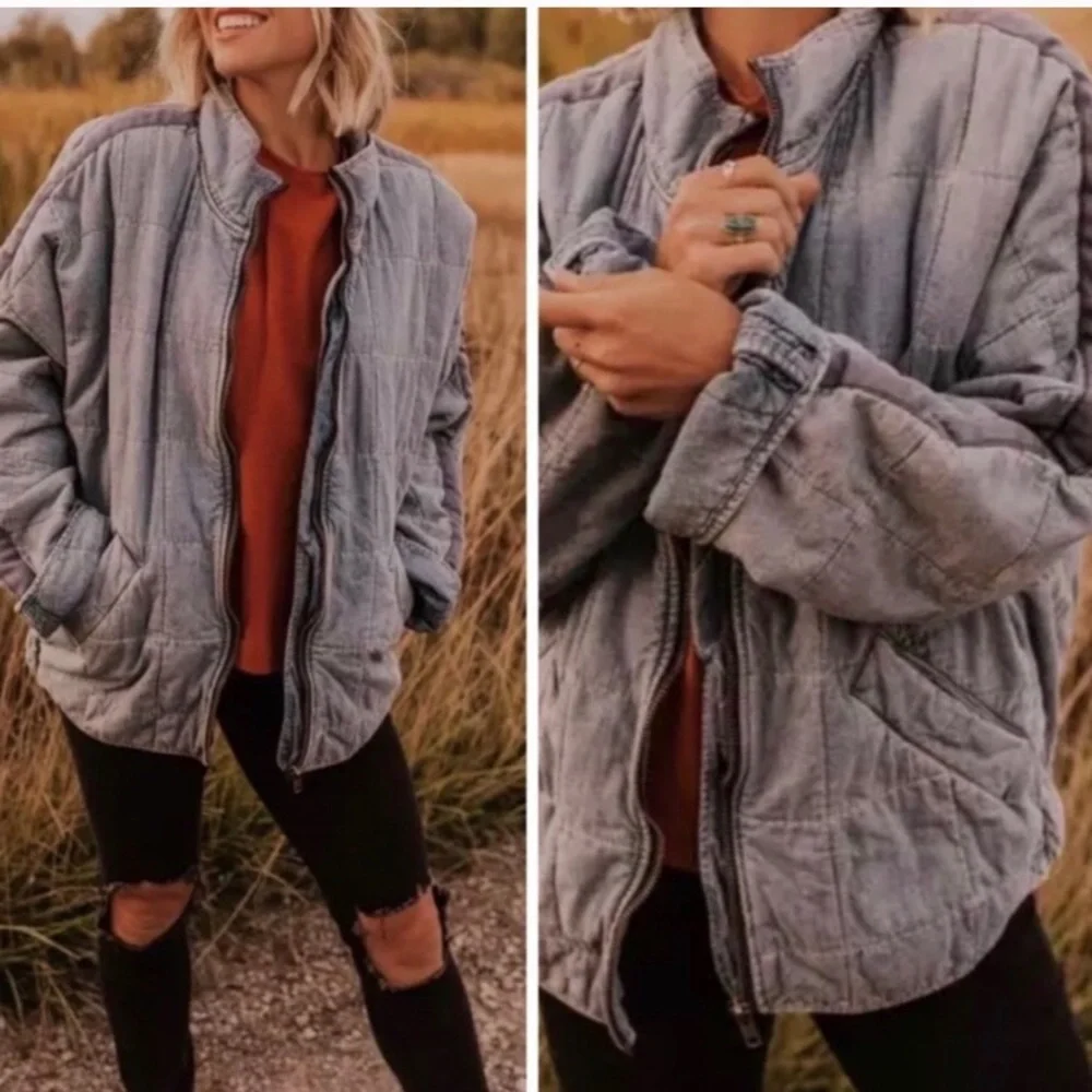 Free People Quilted Gray Bomber Jacket - Picture 2 of 5